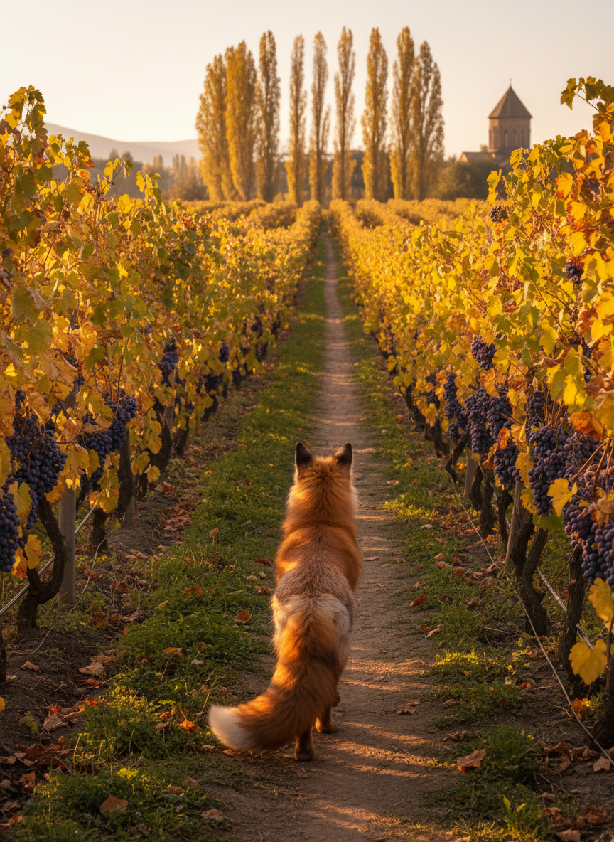 Hayley walks along a narrow dirt path winding through Georgian vineyards in late autumn, her tail gently curled, fur ruffled by a light breeze. Rows of vines heavy with dusky purple grapes flank the path, their yellowing leaves catching the low, golden evening sun. Long shadows stretch between the rows, and a distant village church tower is just visible beyond a stand of poplars. Photographic realism, captured from a slightly elevated angle behind and to the side, emphasizing her movement into the scene. The mood is serene and nostalgic, with soft, warm light and a calm, documentary aesthetic that feels like an unplanned snapshot from a quiet walk.
