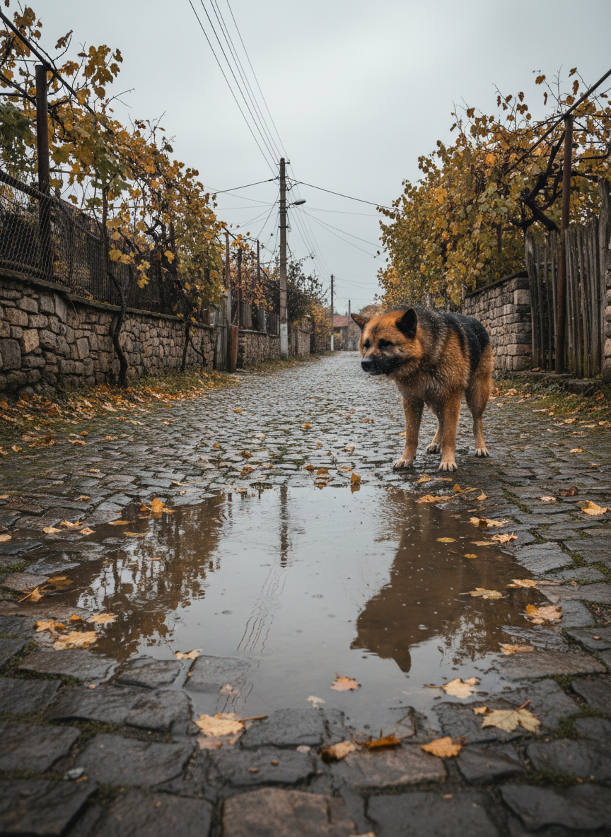 A rain-damp village lane in rural Georgia, shot in photographic realism. Hayley, the Akita–German Shepherd, shakes fine droplets from her coat beside a shallow puddle that perfectly mirrors tangled power lines, stone fences, and climbing grapevines overhead. The diffused gray sky creates soft, low-contrast lighting, while the wet cobblestones glisten with subtle reflections. Fallen leaves cling to her paws and the edges of the puddle. Framed at a slightly low, three-quarter angle, with Hayley off-center and the reflection strongly featured, the mood is introspective and atmospheric, capturing the quiet beauty of an ordinary, drizzly afternoon without feeling staged.