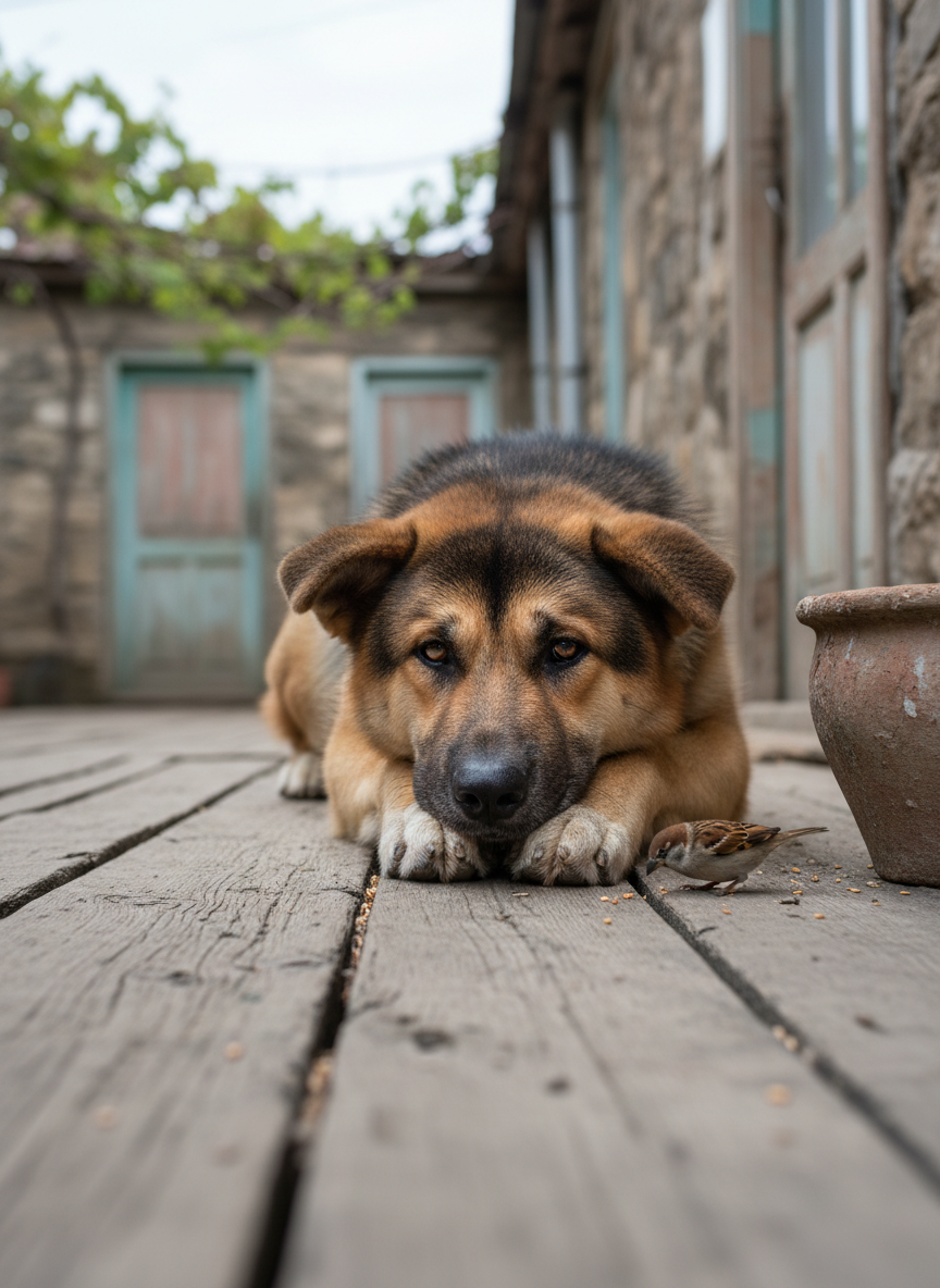 A close-up, photographic portrait of Hayley the Akita–German Shepherd resting on a worn wooden veranda in a Georgian village courtyard. Her head lies on her front paws, ears relaxed, amber eyes watching a small sparrow pecking at seeds near an old clay flowerpot. Soft overcast daylight filters in, creating even, diffused lighting that gently reveals the texture of her fur and the grain of the weathered boards. The background is a subtle blur of stone walls, grapevines, and faded painted doors. Shot from ground level with a shallow depth of field, the composition feels intimate and quiet, capturing a small, unhurried moment in everyday life.